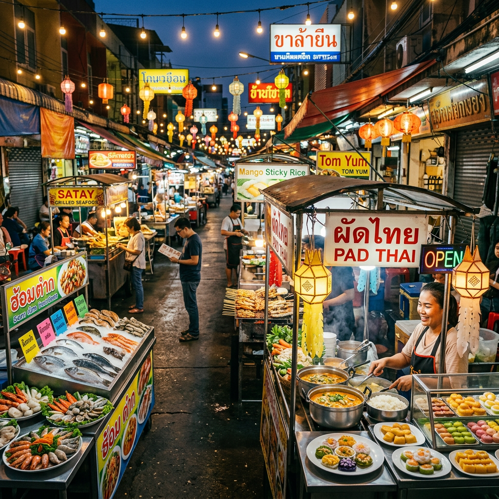 Crowded Thai night market with food vendors preparing and selling dishes like Pad Thai and Satay.