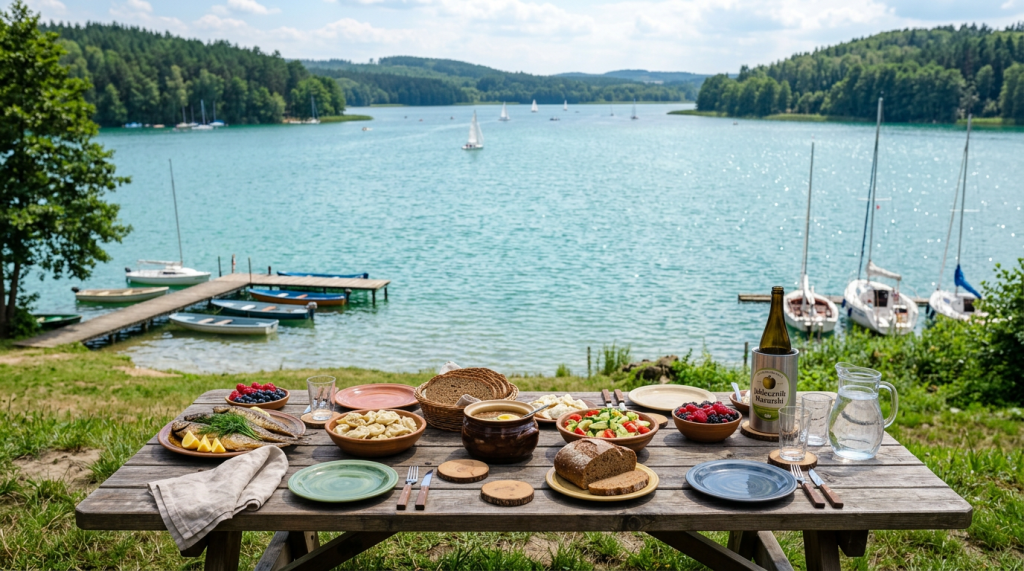 Friends enjoying a meal beside a lake with sailboats